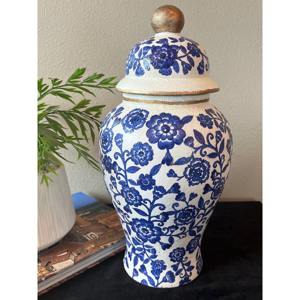 Blue & White Chinoiserie Lidded Ginger Jar Handcrafted Decorative Vase
